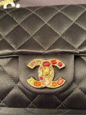 CHANEL Black Quilted Satin Crossbody with Multicolor Jeweled CC Turnlock